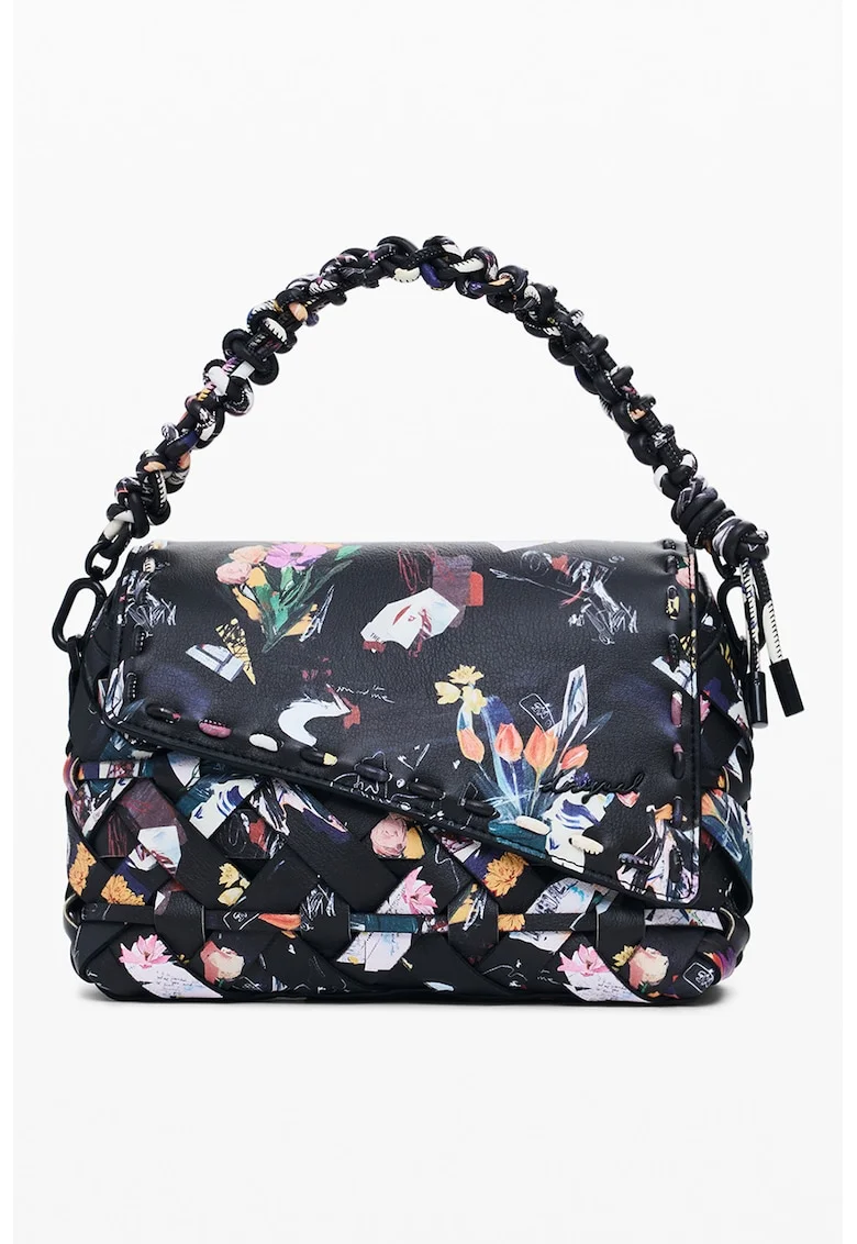 Geanta de piele ecologica cu bareta de umar, model floral si clapa asimetrica, Negru/Multicolor
