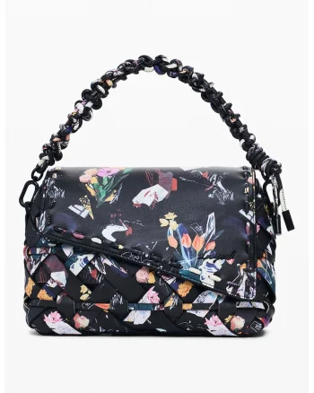 Geanta de piele ecologica cu bareta de umar, model floral si clapa asimetrica, Negru/Multicolor