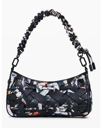 Geanta de piele ecologica cu bareta de umar, aspect tesut si model floral, Negru/Multicolor