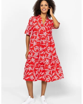 Rochie midi din amestec de bumbac cu buzunare laterale Vomara, Rosu