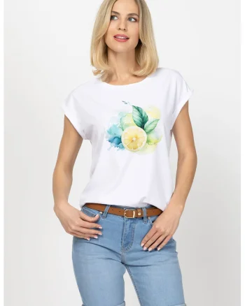 Tricou din amestec de modal cu imprimeu Monas, Galben/Alb murdar