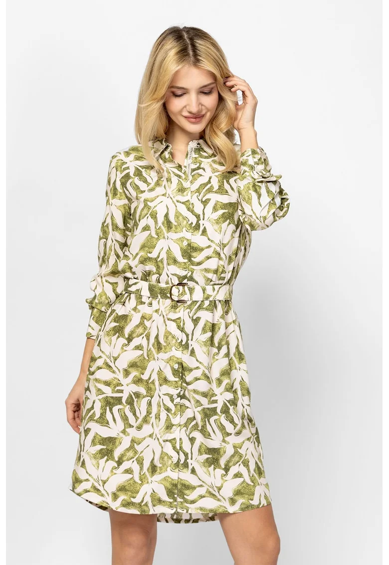 Rochie-camasa cu o curea in talie Varonna, Verde deschis/Alb murdar
