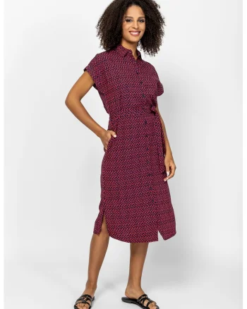 Rochie midi cu nasturi si buzunare Vaelina, Rosu inchis/Bleumarin