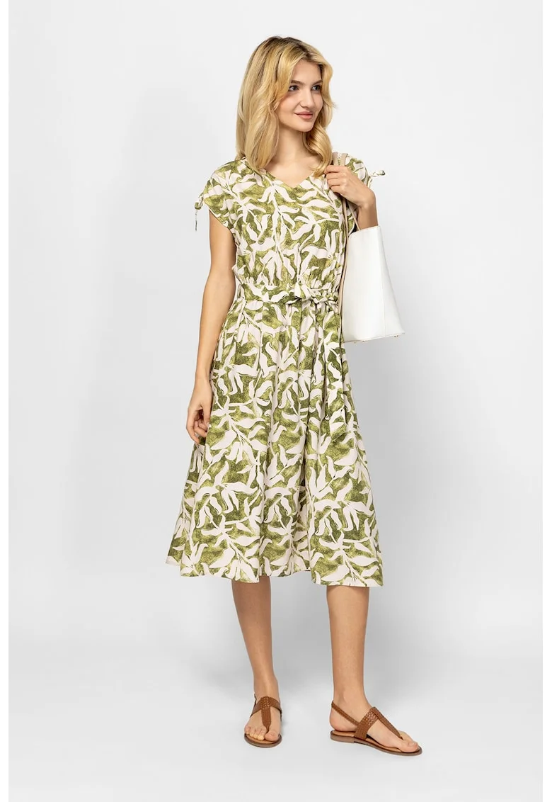 Rochie midi cu decolteu in V si imprimeu floral Veltica, Verde deschis/Alb murdar