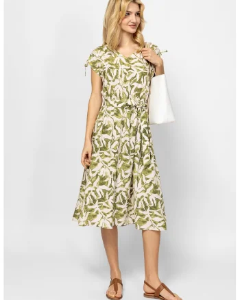 Rochie midi cu decolteu in V si imprimeu floral Veltica, Verde deschis/Alb murdar