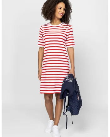 Rochie scurta cu model in dungi, Rosu/Alb