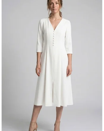 Rochie midi evazata cu decolteu in V, Alb optic