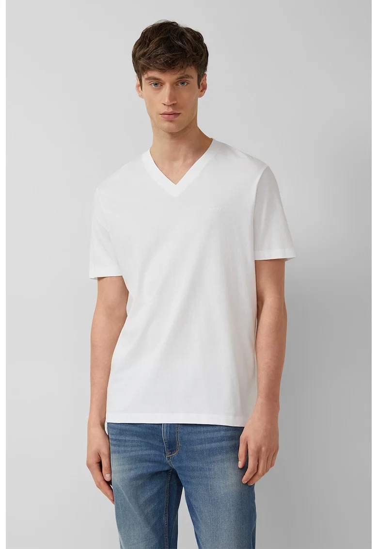Tricou regular-fit cu decolteu in V, Alb,