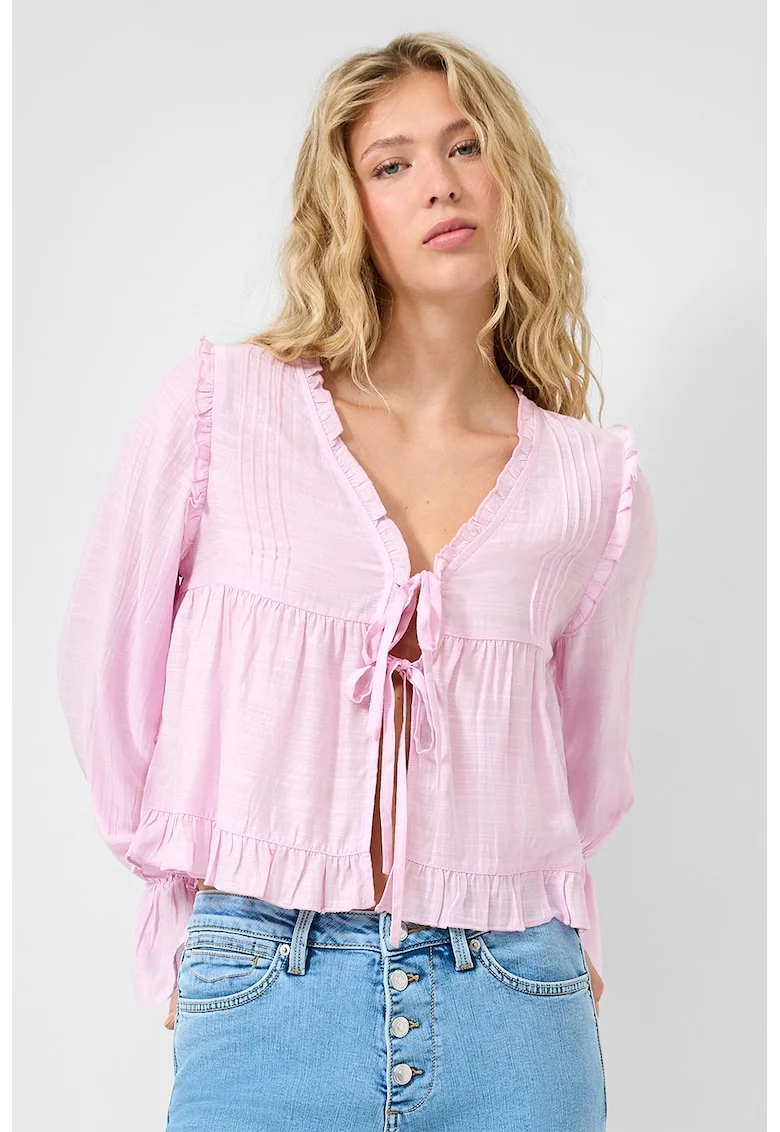 Bluza cu decolteu in V, volane si prindere cu snururi, Roz,