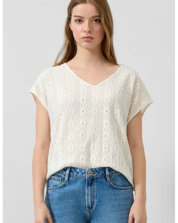 Tricou brodat cu decolteu in V, Alb murdar,