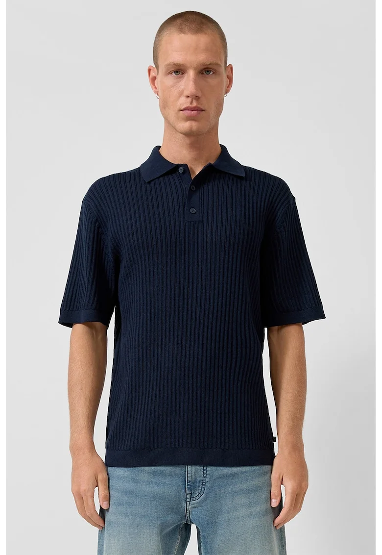 Tricou polo din amestec de in cu striatii, Bleumarin,