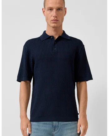 Tricou polo din amestec de in cu striatii, Bleumarin,