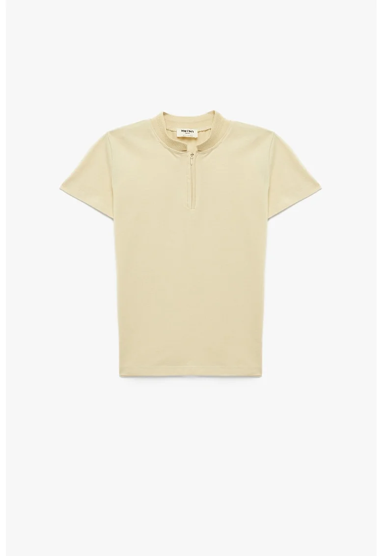 Tricou de bumbac cu fermoar scurt, Bej