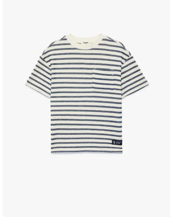 Tricou din amestec de bumbac cu dungi, Crem/Bleumarin