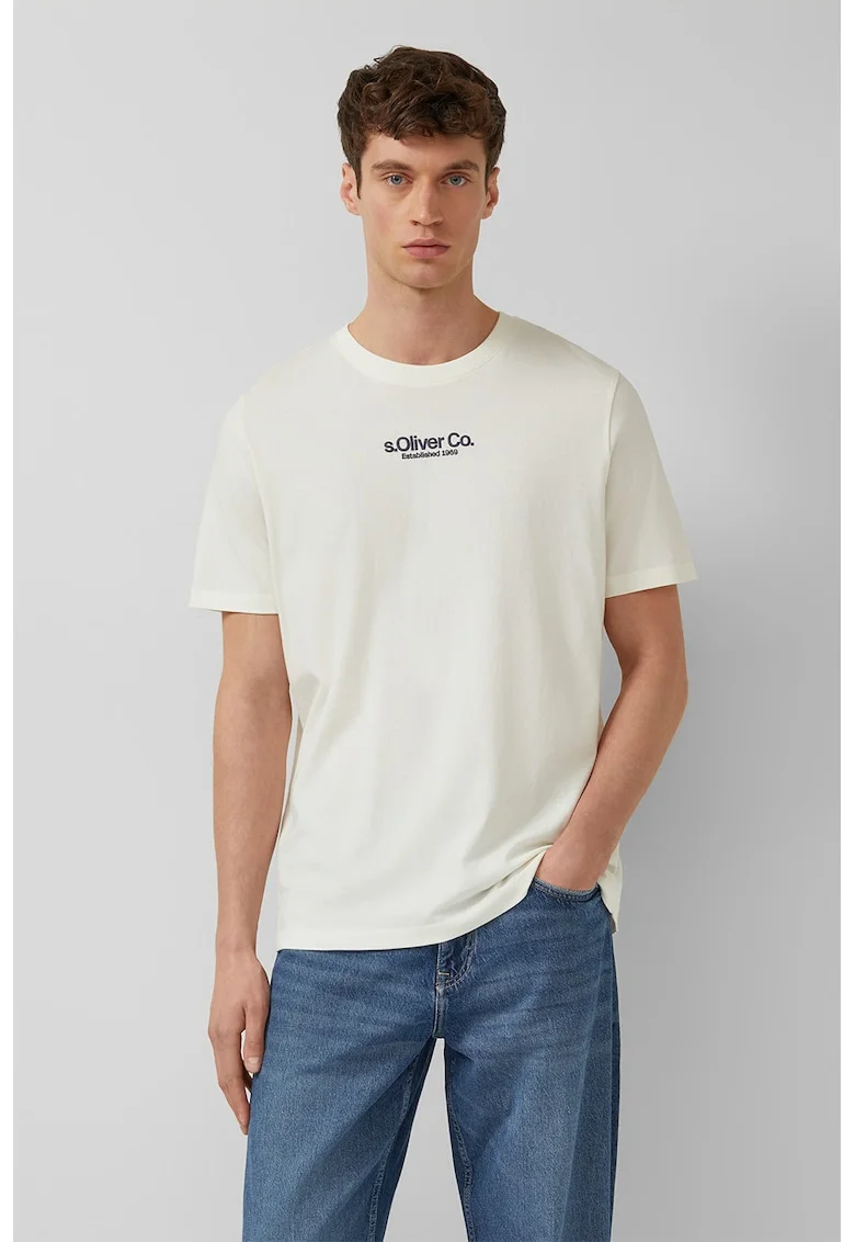 Tricou cu decolteu la baza gatului si logo, Alb murdar