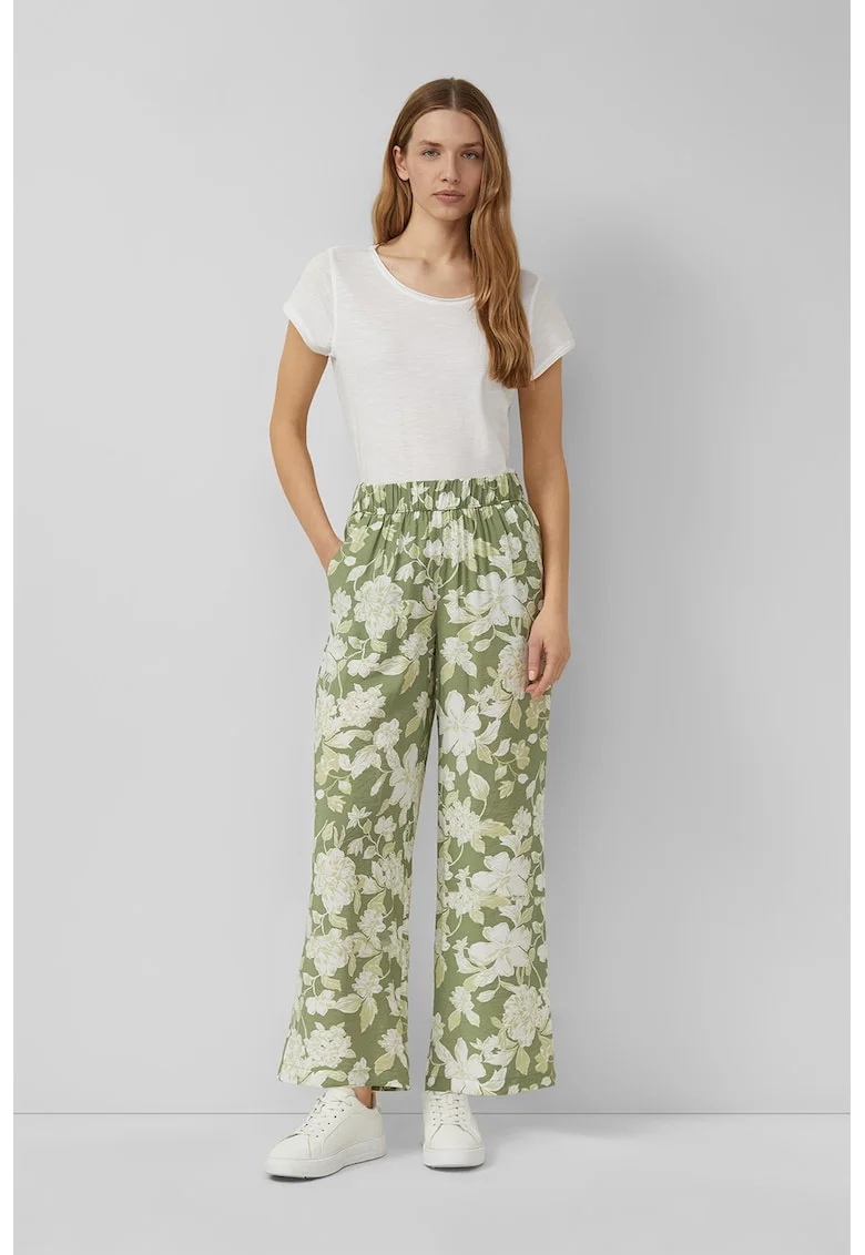 Pantaloni cu croiala ampla, model floral si talie elastica, Alb/Verde