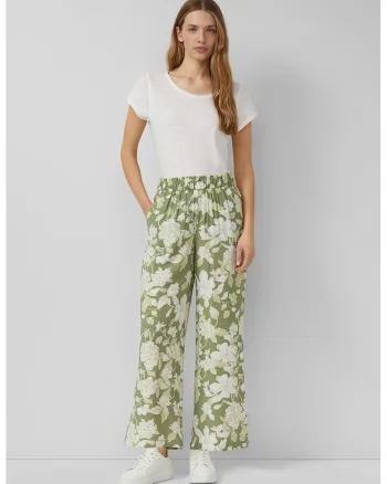 Pantaloni cu croiala ampla, model floral si talie elastica, Alb/Verde