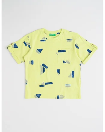 Tricou din amestec de in cu model, Albastru inchis/Verde lime
