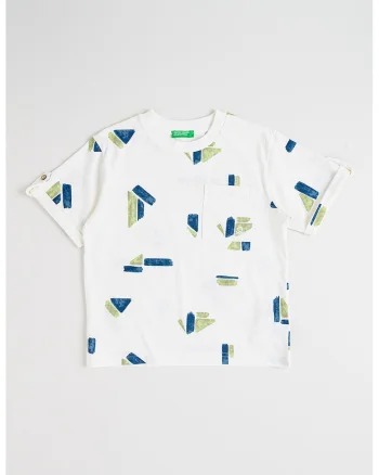 Tricou din amestec de in cu model, Albastru inchis/Verde sparanghel/Alb murdar