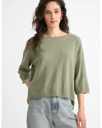 Bluza din amestec de in cu maneci trei sferturi, Verde sparanghel