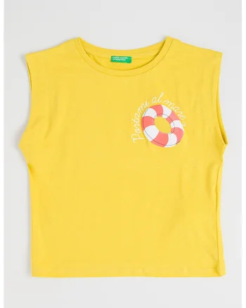 Tricou cu imprimeu grafic, fara maneci, Galben mustar