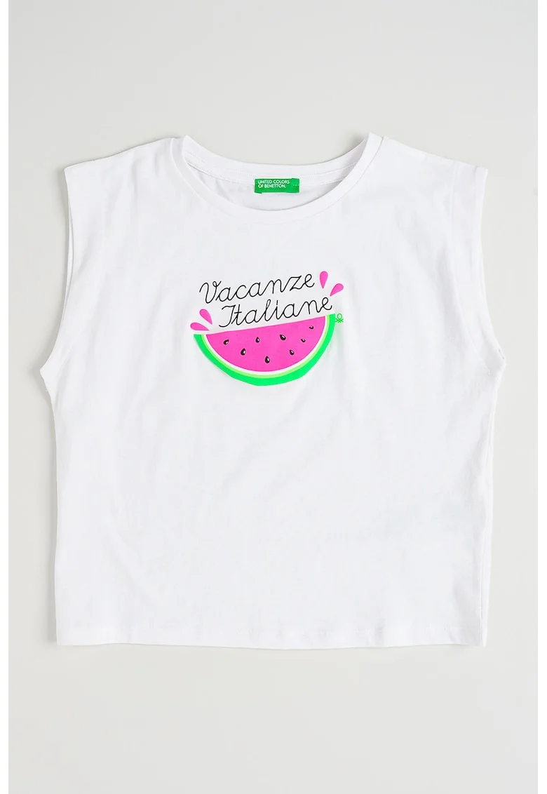 Tricou cu imprimeu grafic, fara maneci, Alb optic