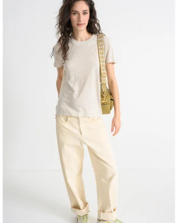 Tricou din in cu model uni, Alb murdar