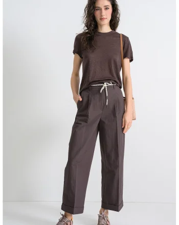 Tricou din in cu model uni, Maro inchis