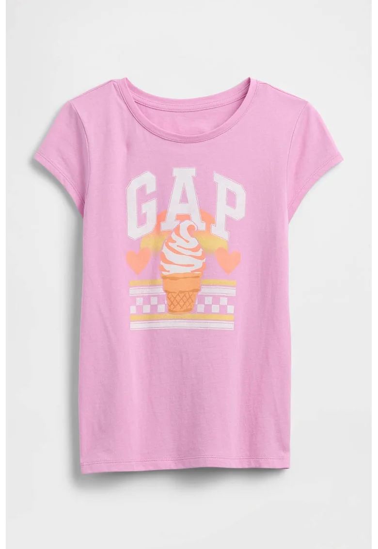 Tricou cu decolteu la baza gatului si imprimeu grafic, Roz pastel/Portocaliu mandarina/Alb murdar