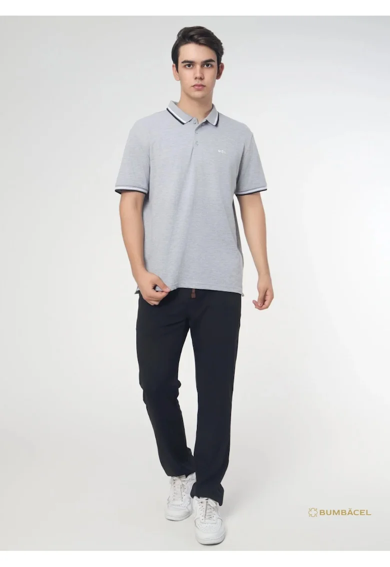Tricou polo din bumbac pentru barbati cu maneca scurta si guler cu imprimeu si cu nasturi, Gri