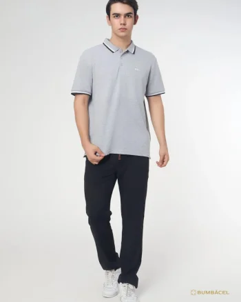 Tricou polo din bumbac pentru barbati cu maneca scurta si guler cu imprimeu si cu nasturi, Gri