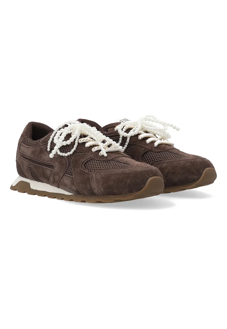 Pantofi sport piele cu sireturi perlate, Maro