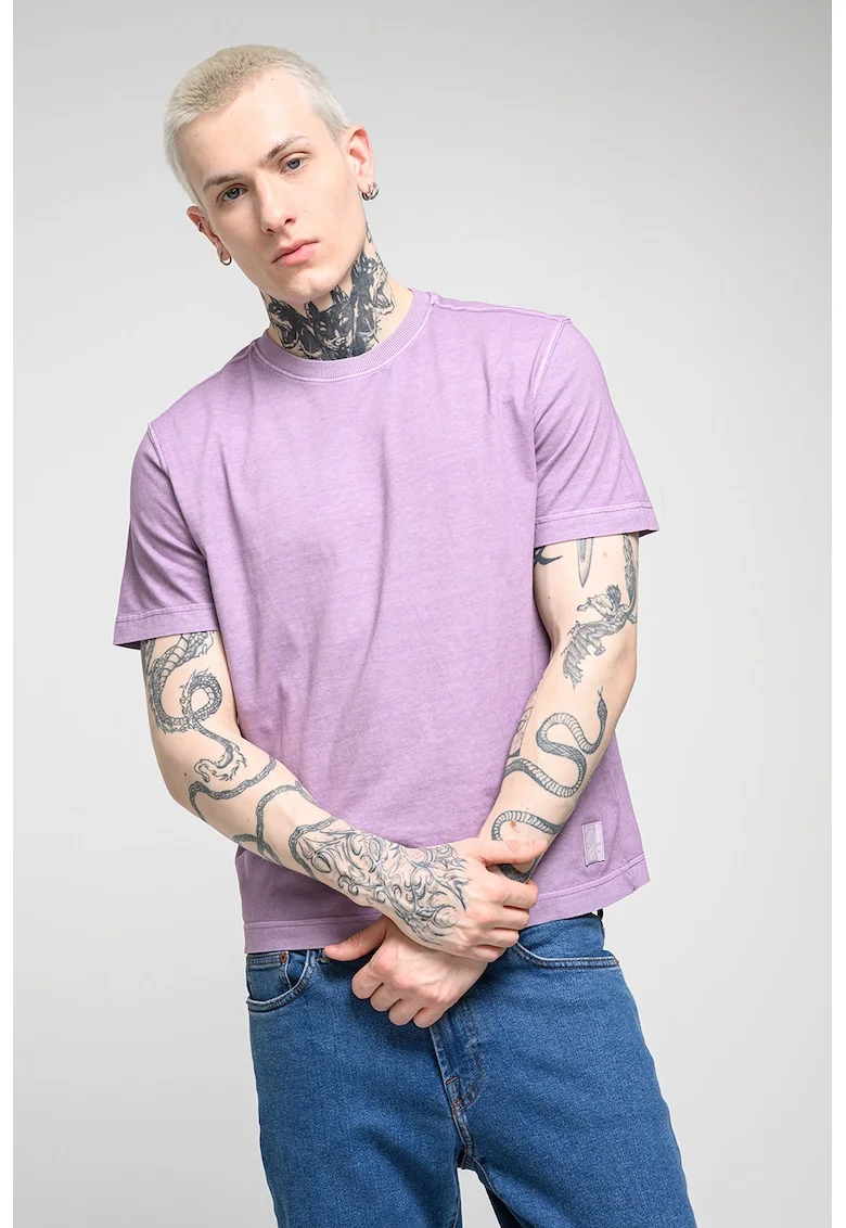 Tricou din bumbac cu decolteu la baza gatului, Liliac prafuit