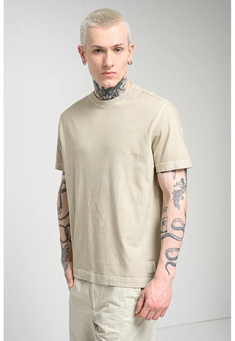 Tricou din bumbac cu decolteu la baza gatului, Bej inchis