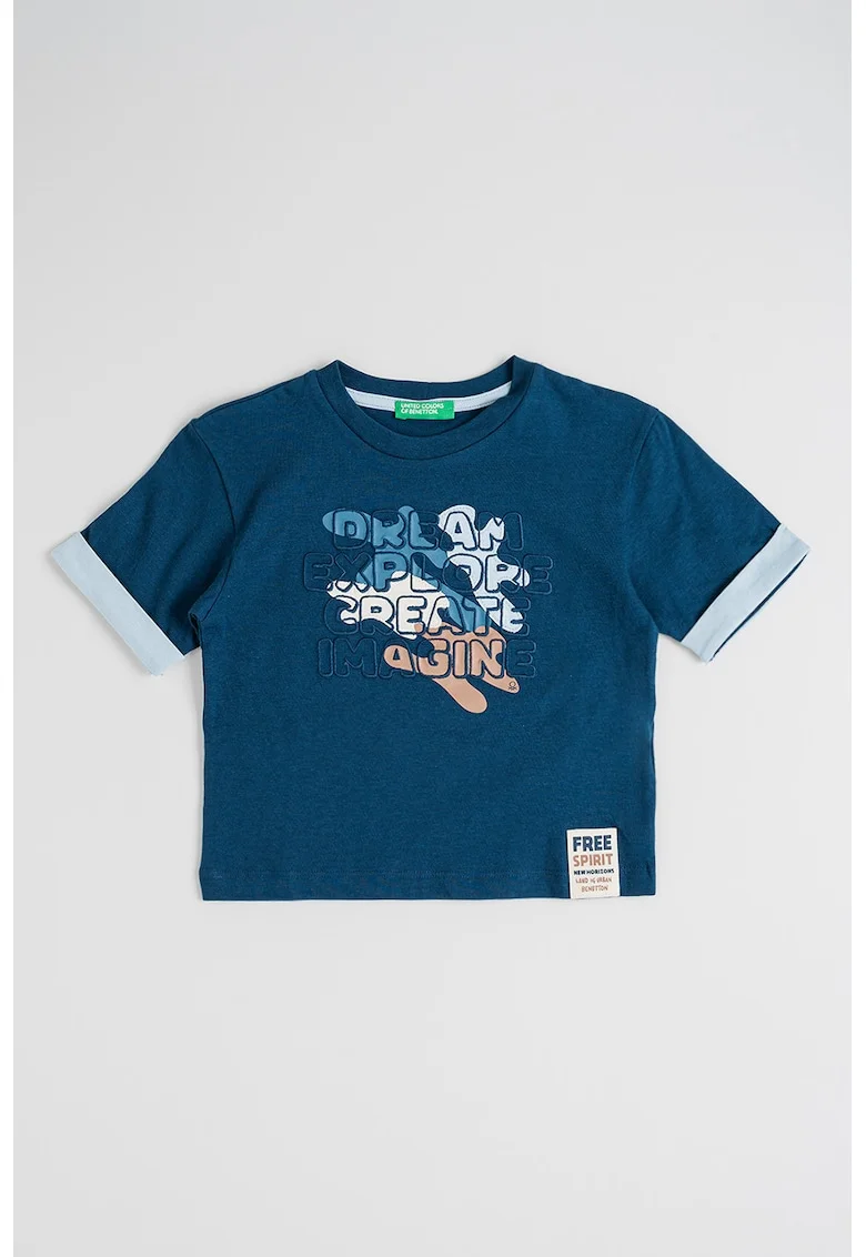 Tricou cu decolteu la baza gatului si imprimeu, Maro/Bleumarin