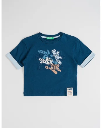 Tricou cu decolteu la baza gatului si imprimeu, Maro/Bleumarin