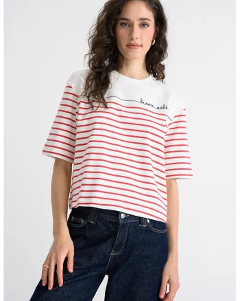 Tricou cu decolteu la baza gatului si model in dungi, Rosu/Alb