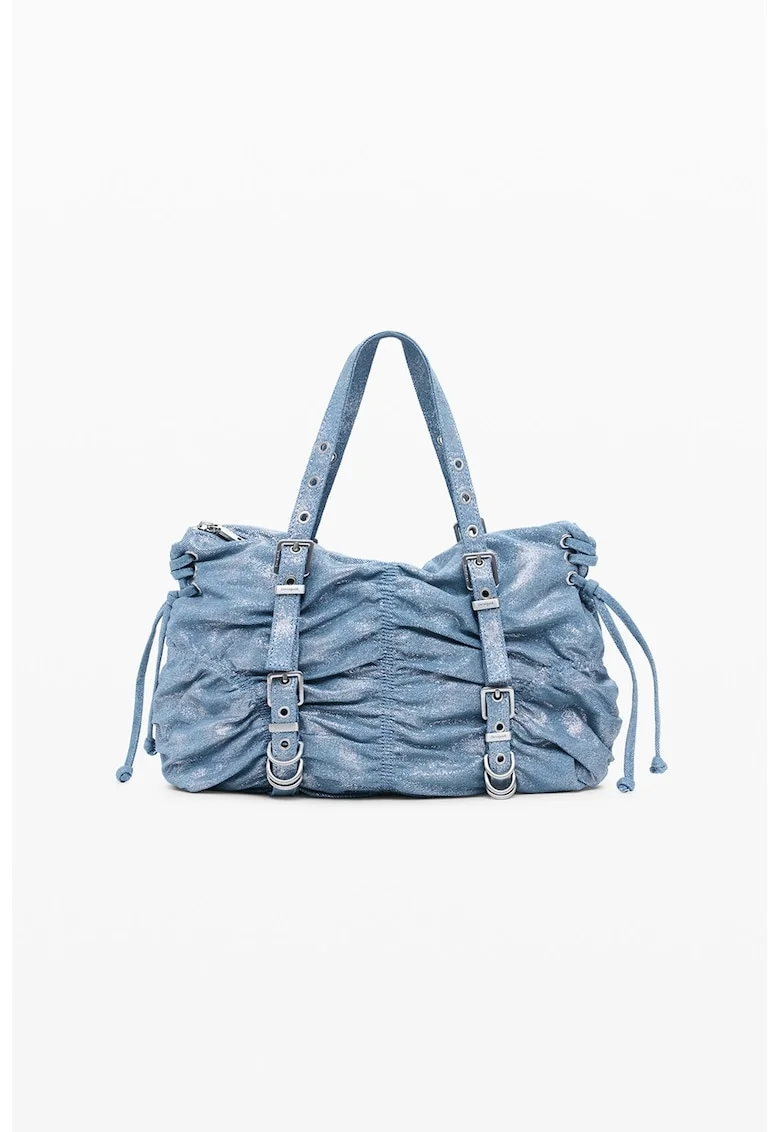 Geanta de denim cu bareta de umar si fermoar, Albastru pastel