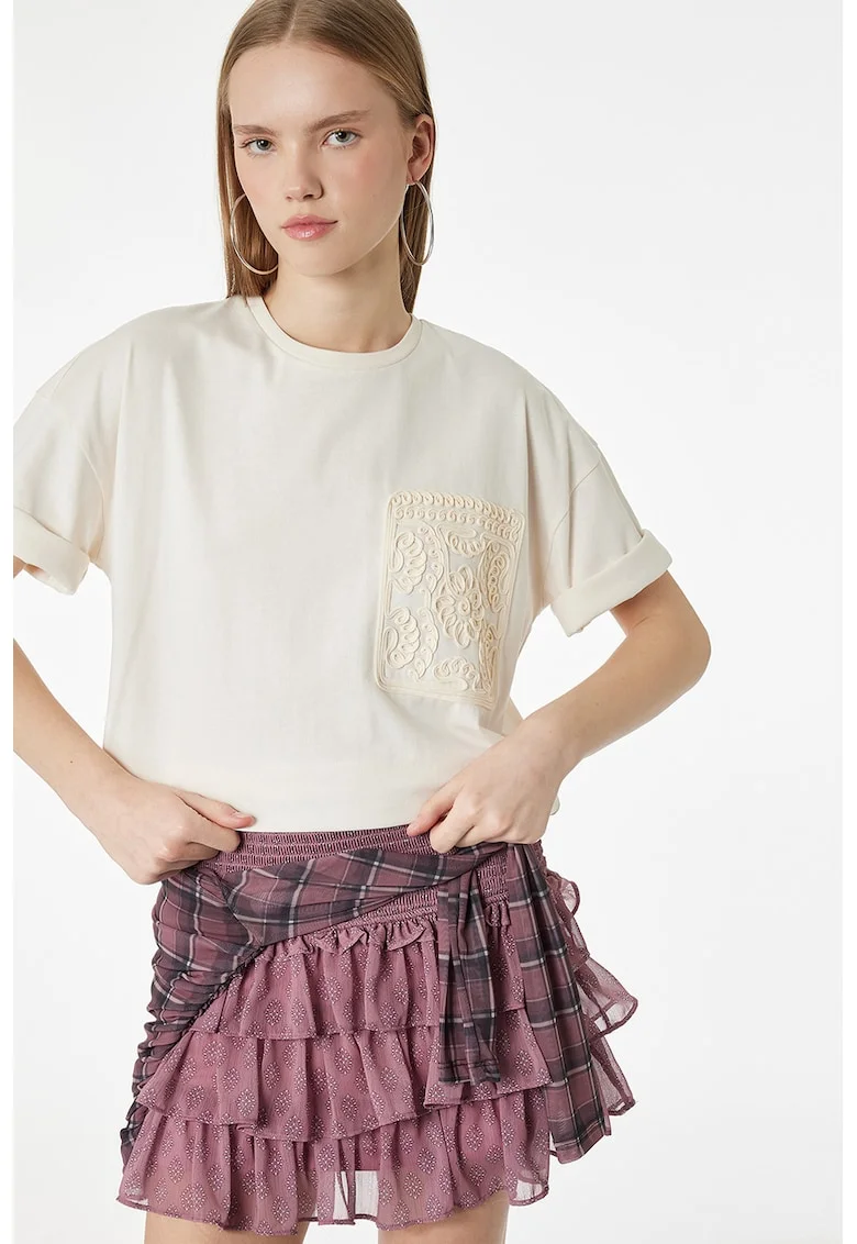 tricou lejer cu buzunar fals brodat, Bej deschis