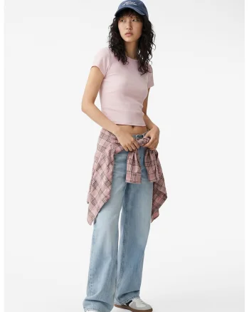 Tricou crop slim fit uni, Roz pastel