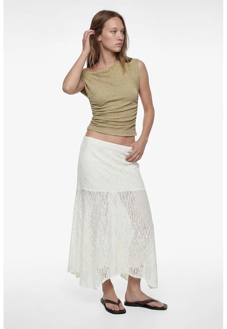 Tricou texturat cu decolteu pe un umar, Bej