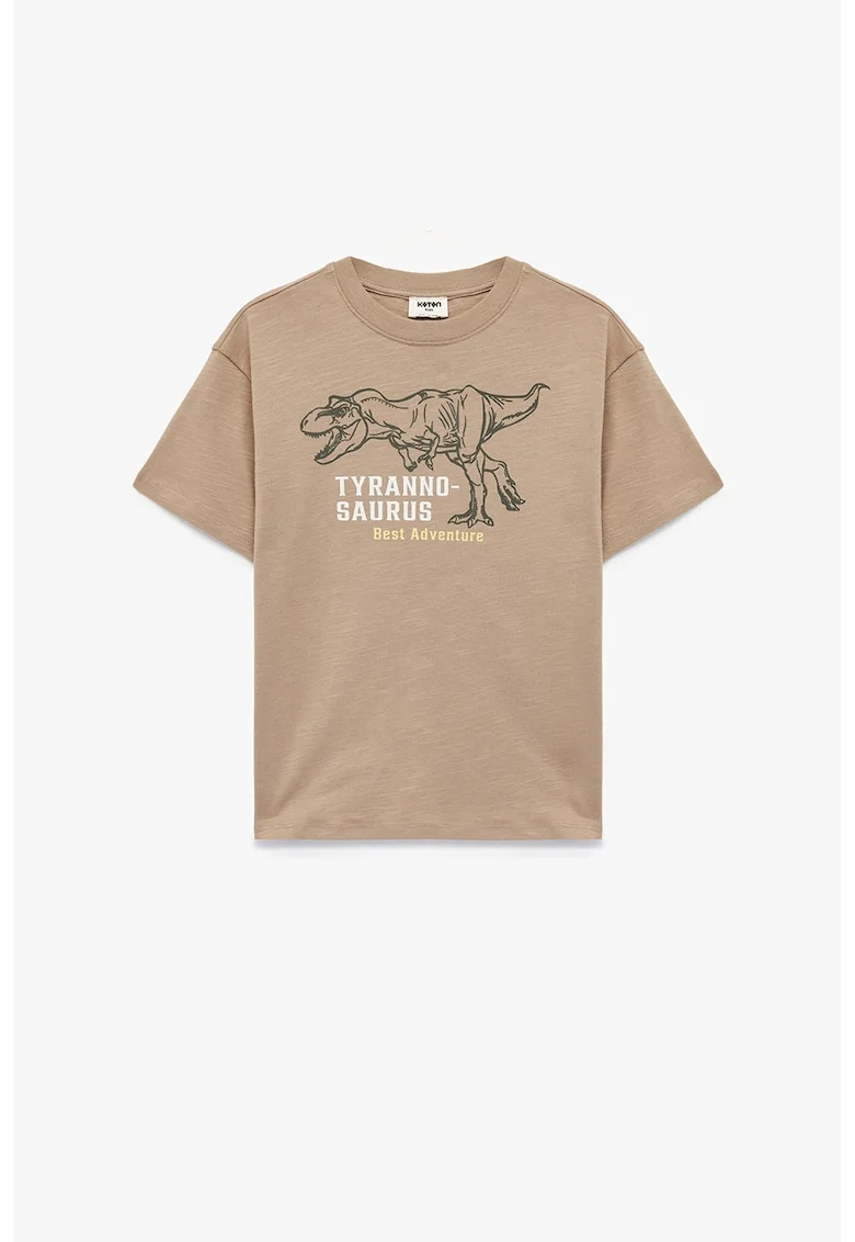 Tricou de bumbac cu imprimeu si maneci cazute, Bej