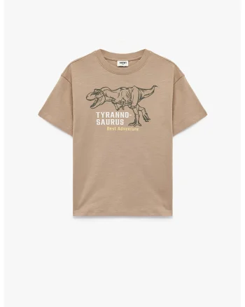 Tricou de bumbac cu imprimeu si maneci cazute, Bej
