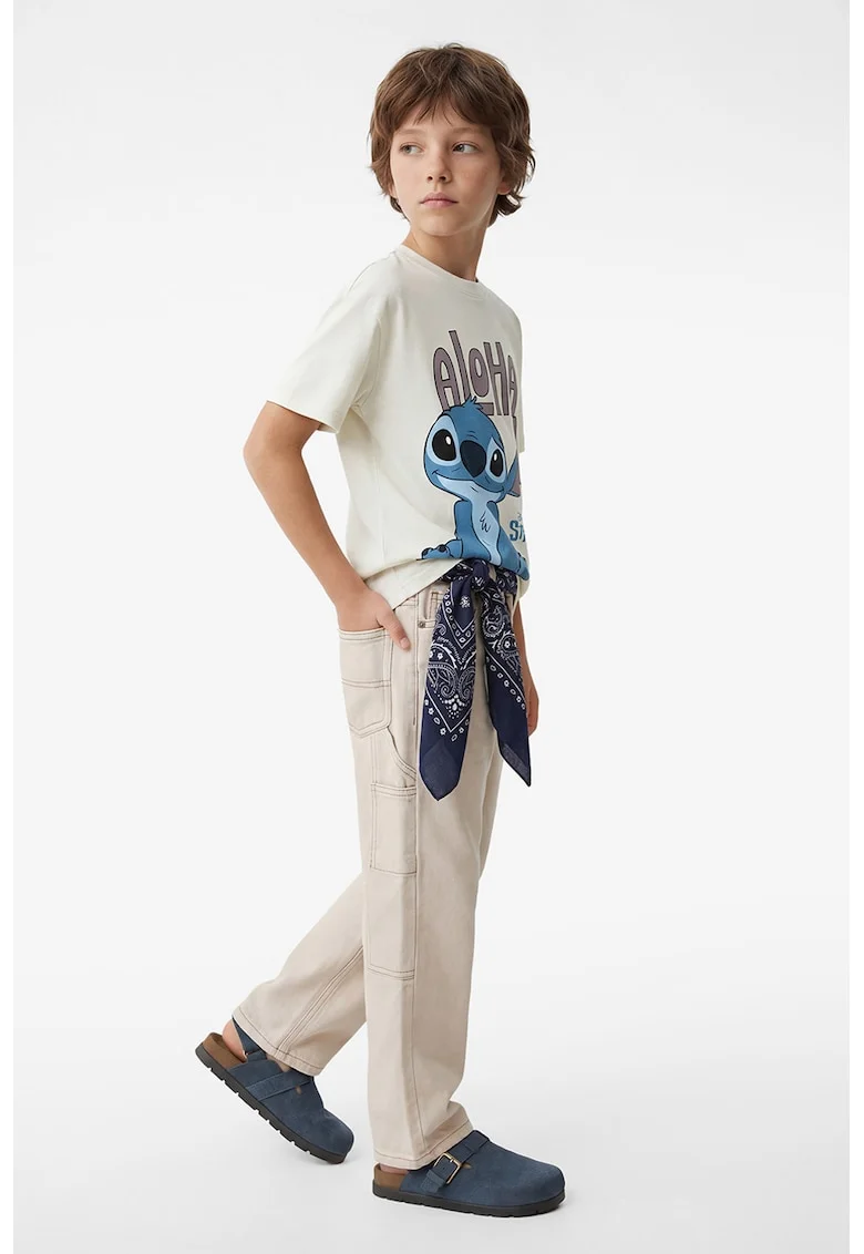 Tricou cu decolteu la baza gatului si imprimeu Stitch, Crem