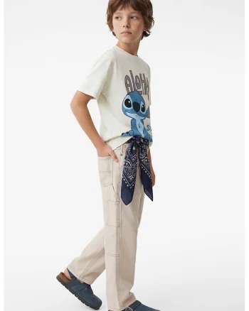 Tricou cu decolteu la baza gatului si imprimeu Stitch, Crem