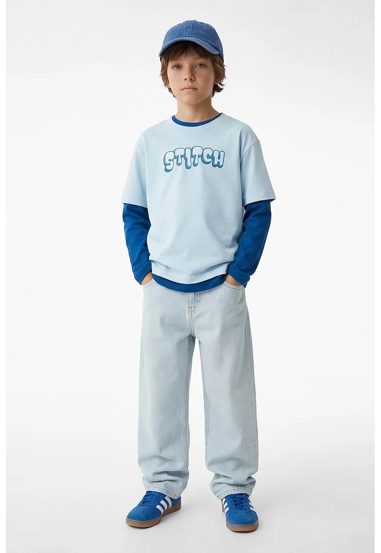 Tricou de bumbac cu Stitch pe partea din spate, Albastru pastel