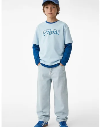 Tricou de bumbac cu Stitch pe partea din spate, Albastru pastel