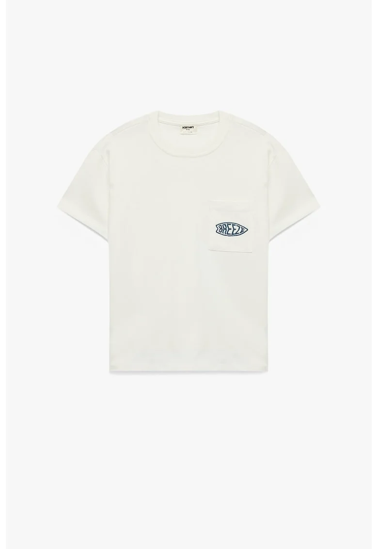 Tricou de bumbac cu buzunar aplicat pe piept, Crem
