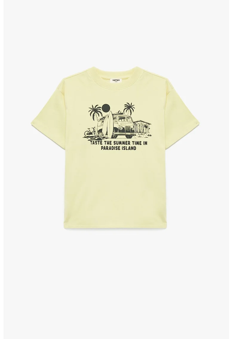 Tricou cu decolteu la baza gatului si imprimeu tropical, Galben pal