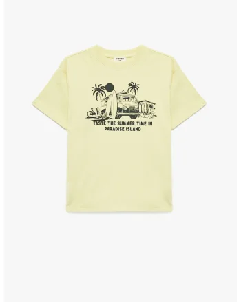 Tricou cu decolteu la baza gatului si imprimeu tropical, Galben pal